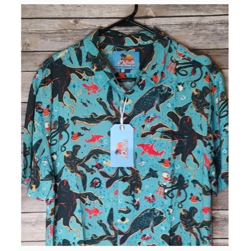 Beach wear Sealife Blue Short Sleeve Button Up Hawaiian Shirt L Fish Squid Dive